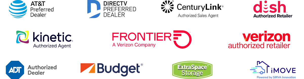 AT&T, DirecTV, CenturyLink, Frontier, Verizon, Kinetic, dish, ADT, iMove, ExtraSpace Storage, Budget branded logos